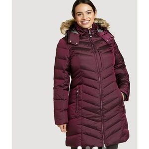 Eddie Bauer Dark Purple Puffer Jacket with Faux Fur Hood Retail $299